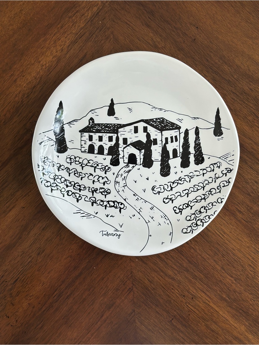 Three Hand-Painted Tuscany Landscape Ceramic Plates - White and Black